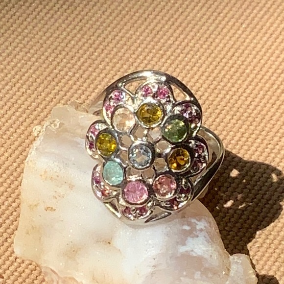 Shellys Boutique Jewelry - TOURMALINE, AQUAMARINE AND RHODOLITE 925 STERLING SILVER RING, SIZE 7